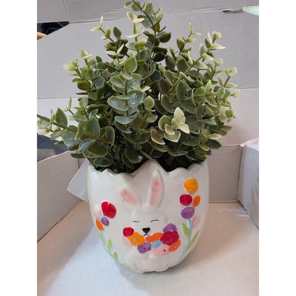 NWT Easter Ceramic Bunny Egg Pot Faux Eucalyptus Plant Faux Greenery Topiary